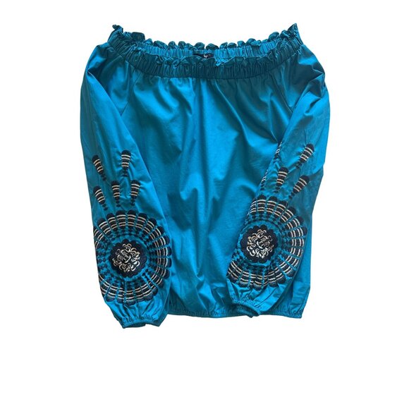 Ryu Off-Shoulder Embroidered Blouse Teal Top M 100% Cotton Boho Chic Stylish NWT - Picture 2 of 13